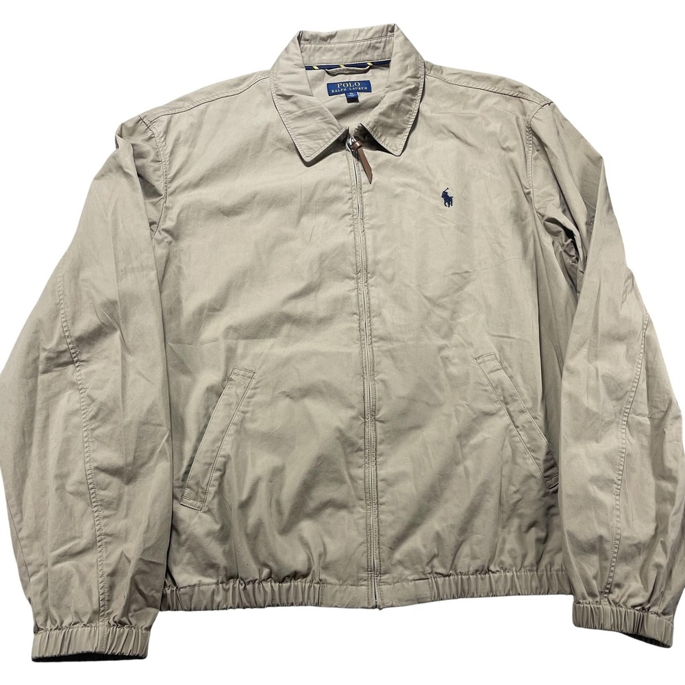 Polo Ralph Lauren Jacket Mens XL Beige Canvas Bomber Full Zip Elastic Waist